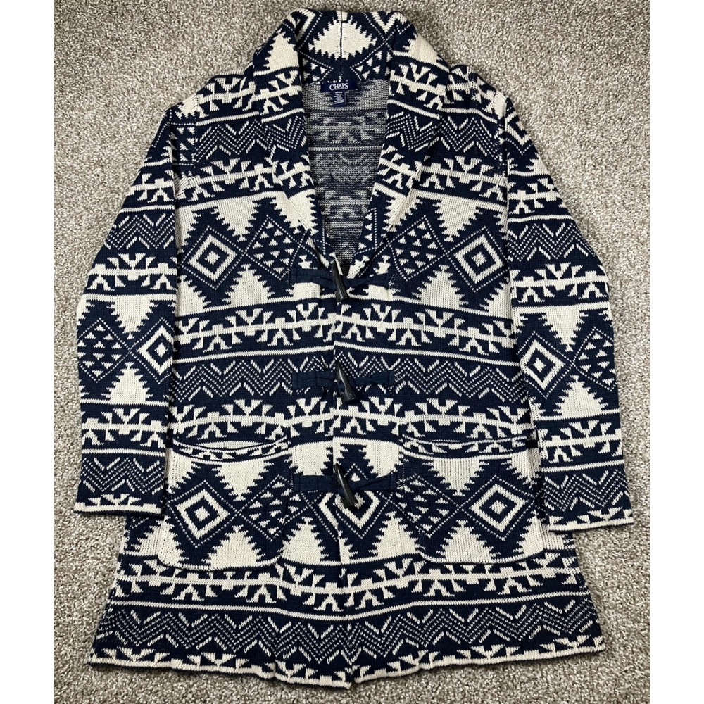Chaps Navy Blue Cream Southwestern Toggle Shawl Collar Cardigan Sweater Small